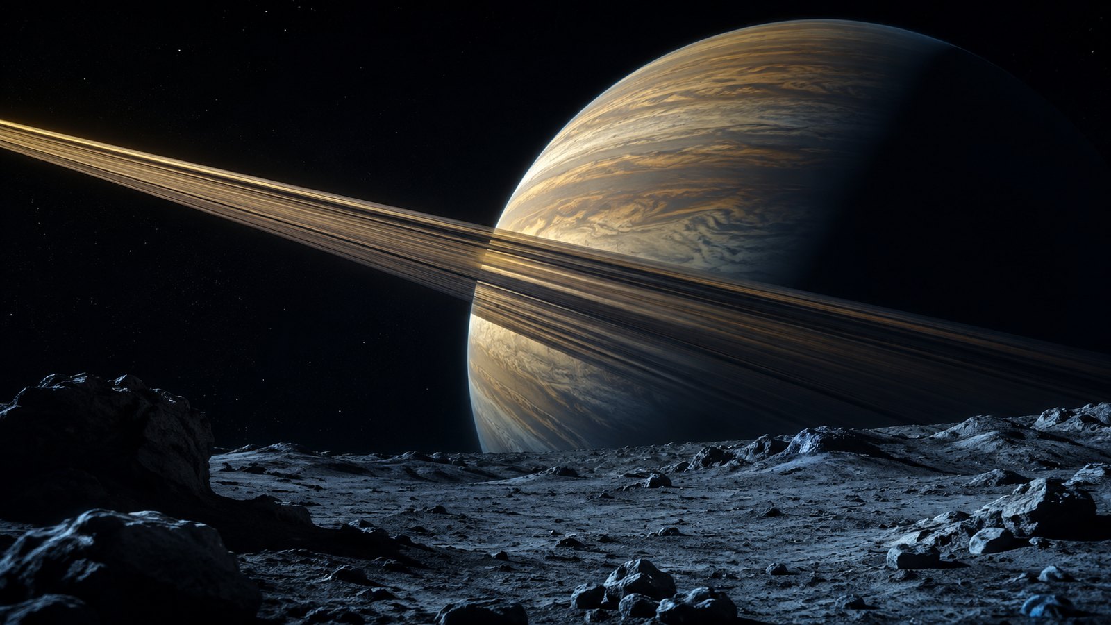 A ringed gas giant seen from one of its moons