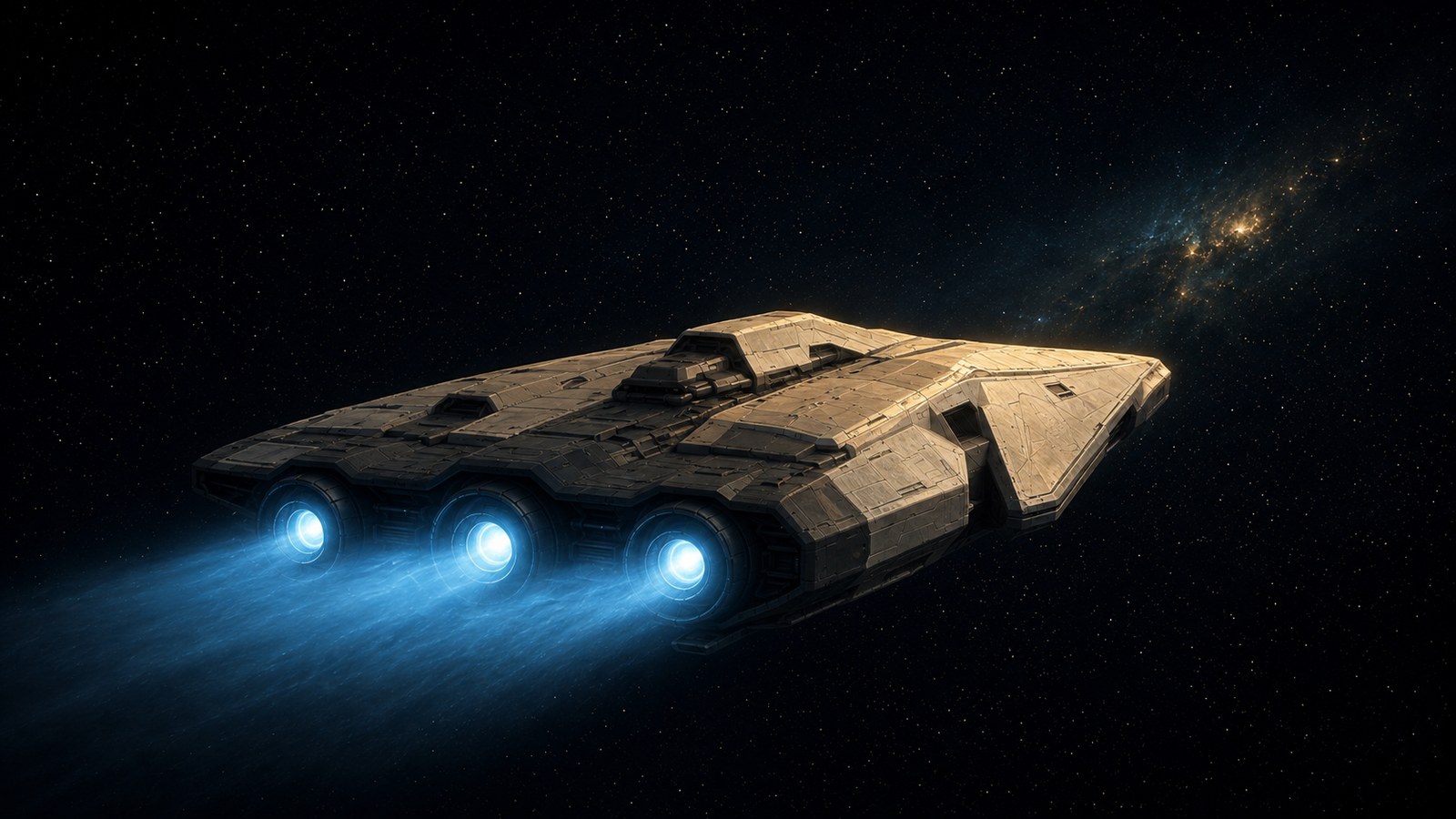 The TAC starship departing toward a nebula